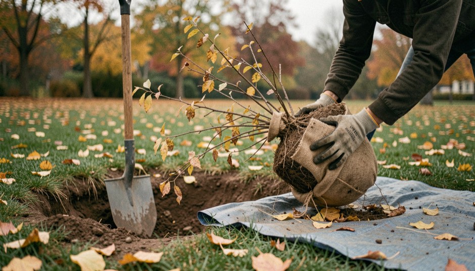 A waist-high deciduous shrub with a large burlap-wrapped root ball being tipped onto a tarp beside a wide planting hole on an autumn lawn, gloved hands on the root ball, a spade standing upright in the soil, fallen yellow leaves, soft overcast light